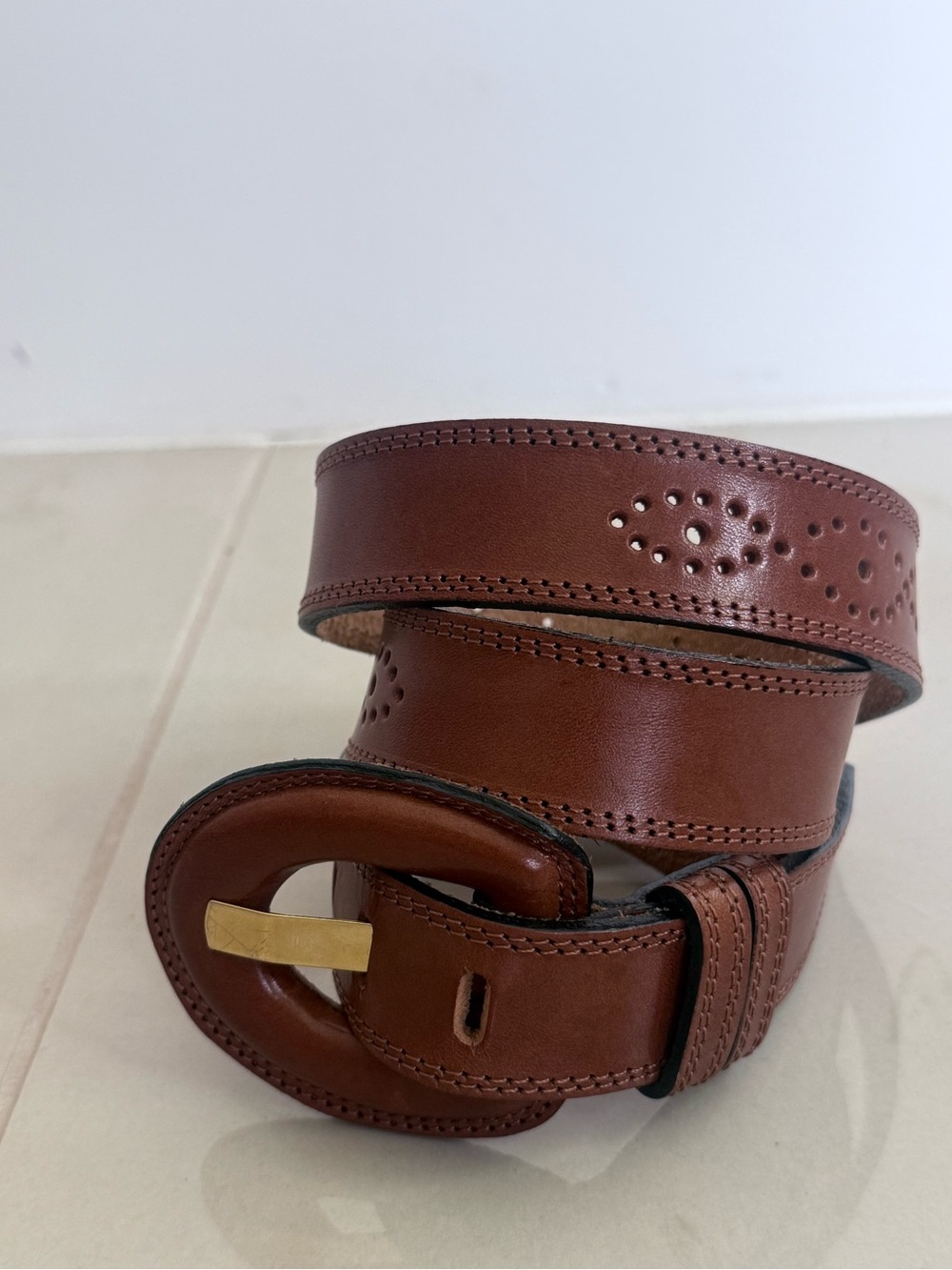 DANIEL HECHTER Paris cognac brown 100% leather western perforated stitched belt